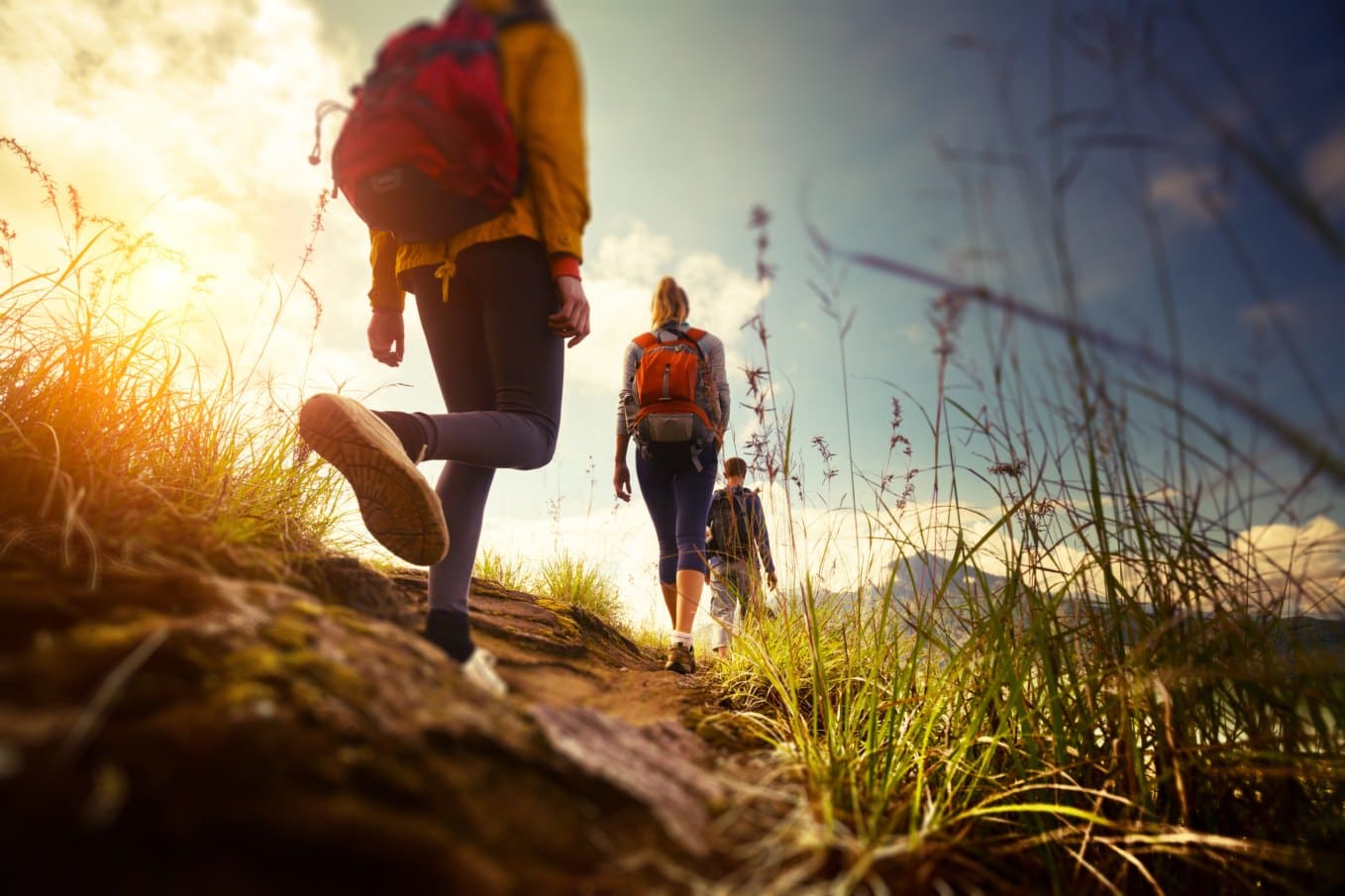 Wanderlust en wandelschoenen trektocht door de natuur van drie jonge mensen met een rugzak